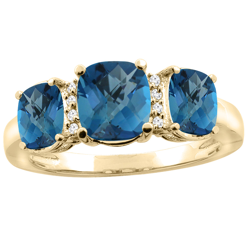10K Yellow Gold Natural London Blue Topaz 3-stone Ring Cushion 8x6mm Diamond Accent, sizes 5 - 10