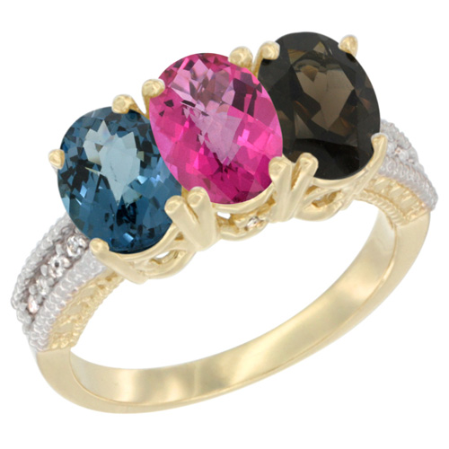 10K Yellow Gold Diamond Natural London Blue Topaz, Pink Topaz & Smoky Topaz Ring 3-Stone Oval 7x5 mm, sizes 5 - 10