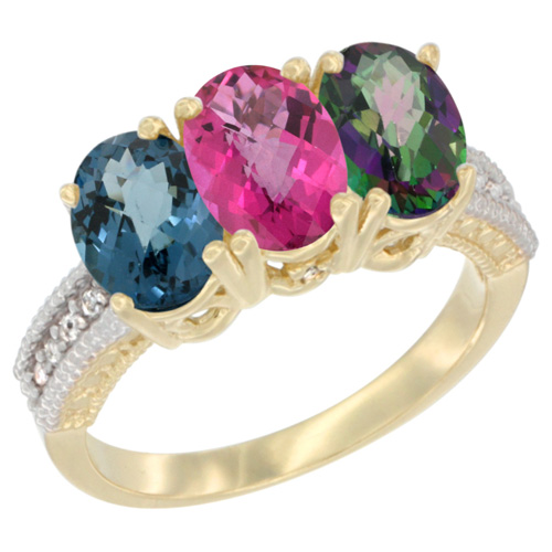 10K Yellow Gold Diamond Natural London Blue Topaz, Pink Topaz & Mystic Topaz Ring 3-Stone Oval 7x5 mm, sizes 5 - 10