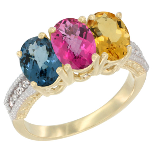 10K Yellow Gold Diamond Natural London Blue Topaz, Pink Topaz & Citrine Ring 3-Stone Oval 7x5 mm, sizes 5 - 10