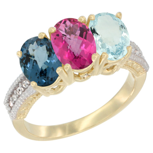 10K Yellow Gold Diamond Natural London Blue Topaz, Pink Topaz & Aquamarine Ring 3-Stone Oval 7x5 mm, sizes 5 - 10