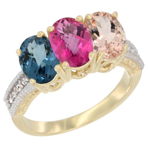 10K Yellow Gold Diamond Natural London Blue Topaz, Pink Topaz & Morganite Ring 3-Stone Oval 7x5 mm, sizes 5 - 10