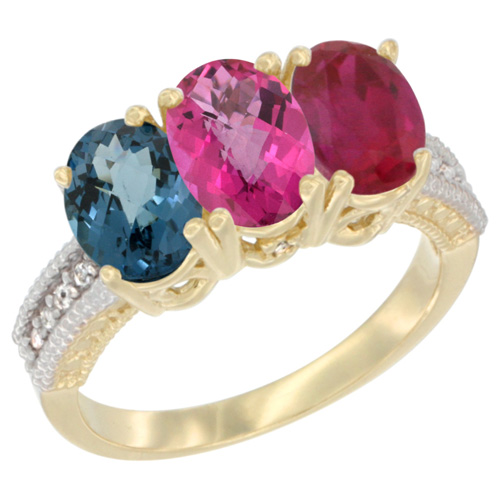 10K Yellow Gold Diamond Natural London Blue Topaz, Pink Topaz & Ruby Ring 3-Stone Oval 7x5 mm, sizes 5 - 10