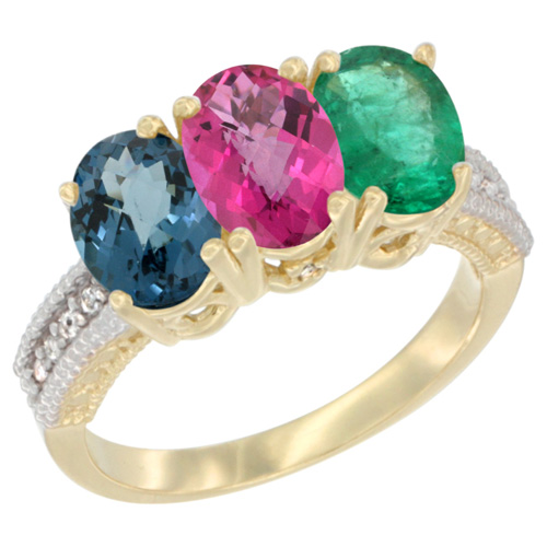 10K Yellow Gold Diamond Natural London Blue Topaz, Pink Topaz & Emerald Ring 3-Stone Oval 7x5 mm, sizes 5 - 10
