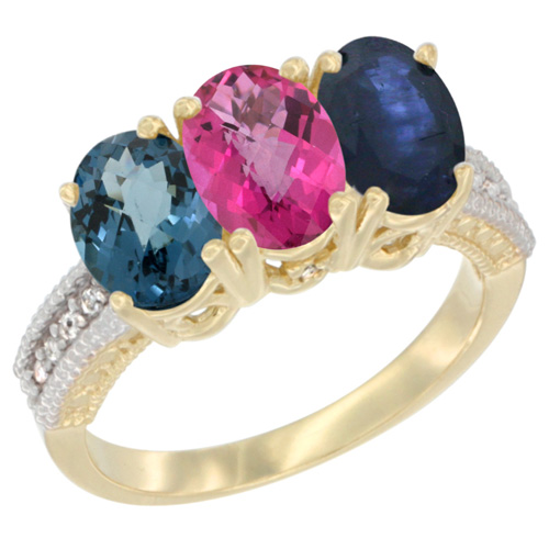 10K Yellow Gold Diamond Natural London Blue Topaz, Pink Topaz & Blue Sapphire Ring 3-Stone Oval 7x5 mm, sizes 5 - 10