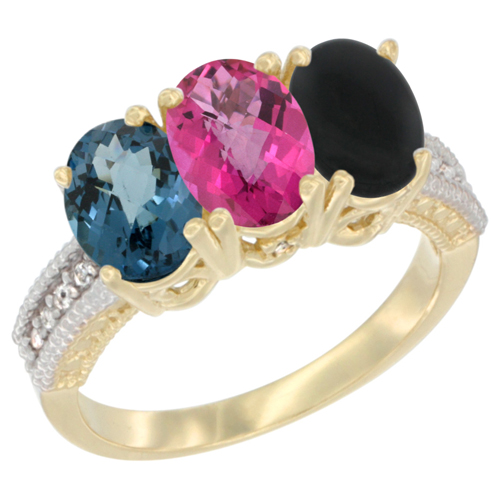 10K Yellow Gold Diamond Natural London Blue Topaz, Pink Topaz & Black Onyx Ring 3-Stone Oval 7x5 mm, sizes 5 - 10