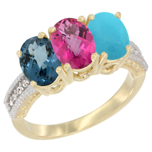 10K Yellow Gold Diamond Natural London Blue Topaz, Pink Topaz & Turquoise Ring 3-Stone Oval 7x5 mm, sizes 5 - 10