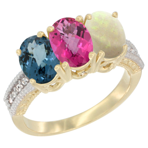 10K Yellow Gold Diamond Natural London Blue Topaz, Pink Topaz & Opal Ring 3-Stone Oval 7x5 mm, sizes 5 - 10
