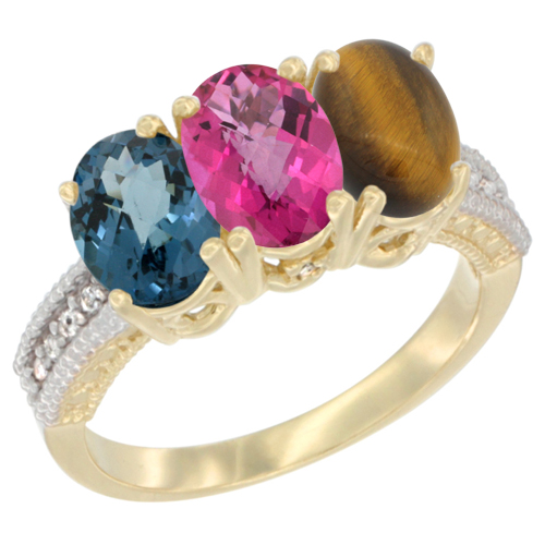 10K Yellow Gold Diamond Natural London Blue Topaz, Pink Topaz & Tiger Eye Ring 3-Stone Oval 7x5 mm, sizes 5 - 10