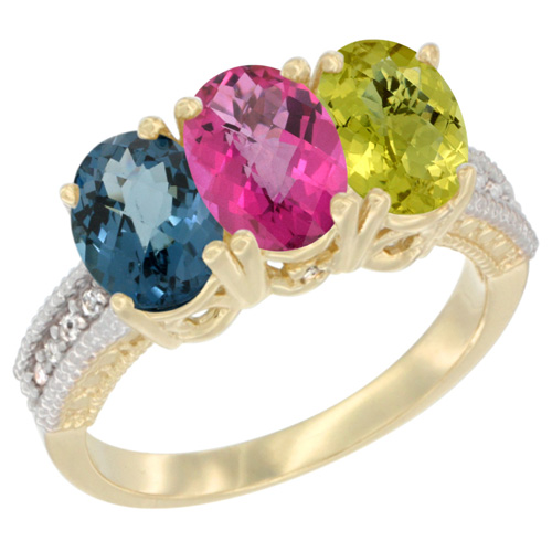 10K Yellow Gold Diamond Natural London Blue Topaz, Pink Topaz & Lemon Quartz Ring 3-Stone Oval 7x5 mm, sizes 5 - 10