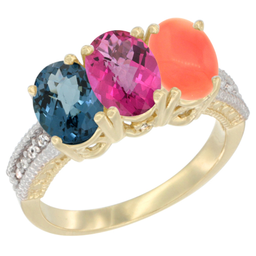 10K Yellow Gold Diamond Natural London Blue Topaz, Pink Topaz & Coral Ring 3-Stone Oval 7x5 mm, sizes 5 - 10
