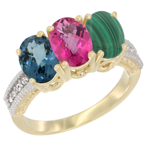 10K Yellow Gold Diamond Natural London Blue Topaz, Pink Topaz & Malachite Ring 3-Stone Oval 7x5 mm, sizes 5 - 10