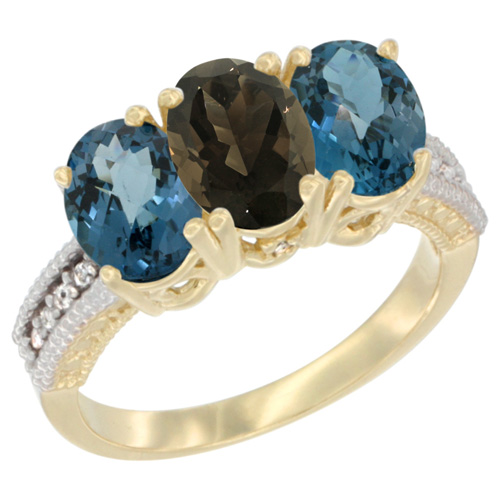 14K Yellow Gold Natural Smoky Topaz & London Blue Topaz Sides Ring 3-Stone 7x5 mm Oval Diamond Accent, sizes 5 - 10