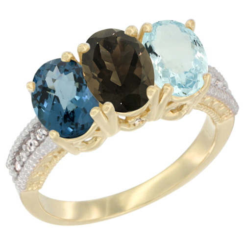14K Yellow Gold Natural London Blue Topaz, Smoky Topaz & Aquamarine Ring 3-Stone 7x5 mm Oval Diamond Accent, sizes 5 - 10