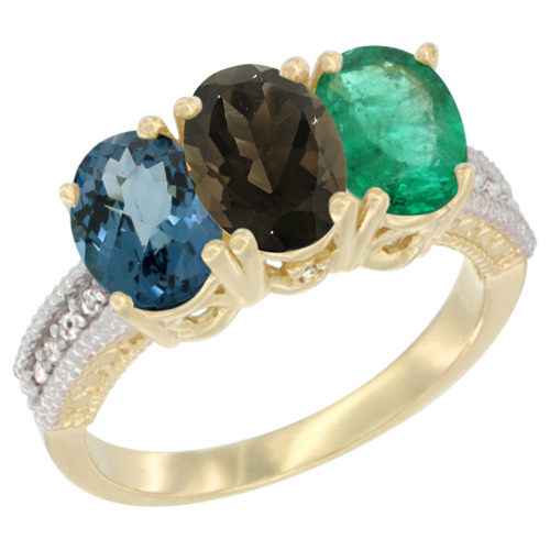 14K Yellow Gold Natural London Blue Topaz, Smoky Topaz & Emerald Ring 3-Stone 7x5 mm Oval Diamond Accent, sizes 5 - 10