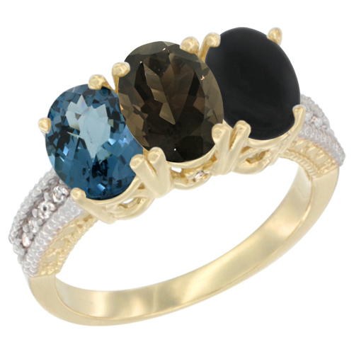 14K Yellow Gold Natural London Blue Topaz, Smoky Topaz & Black Onyx Ring 3-Stone 7x5 mm Oval Diamond Accent, sizes 5 - 10