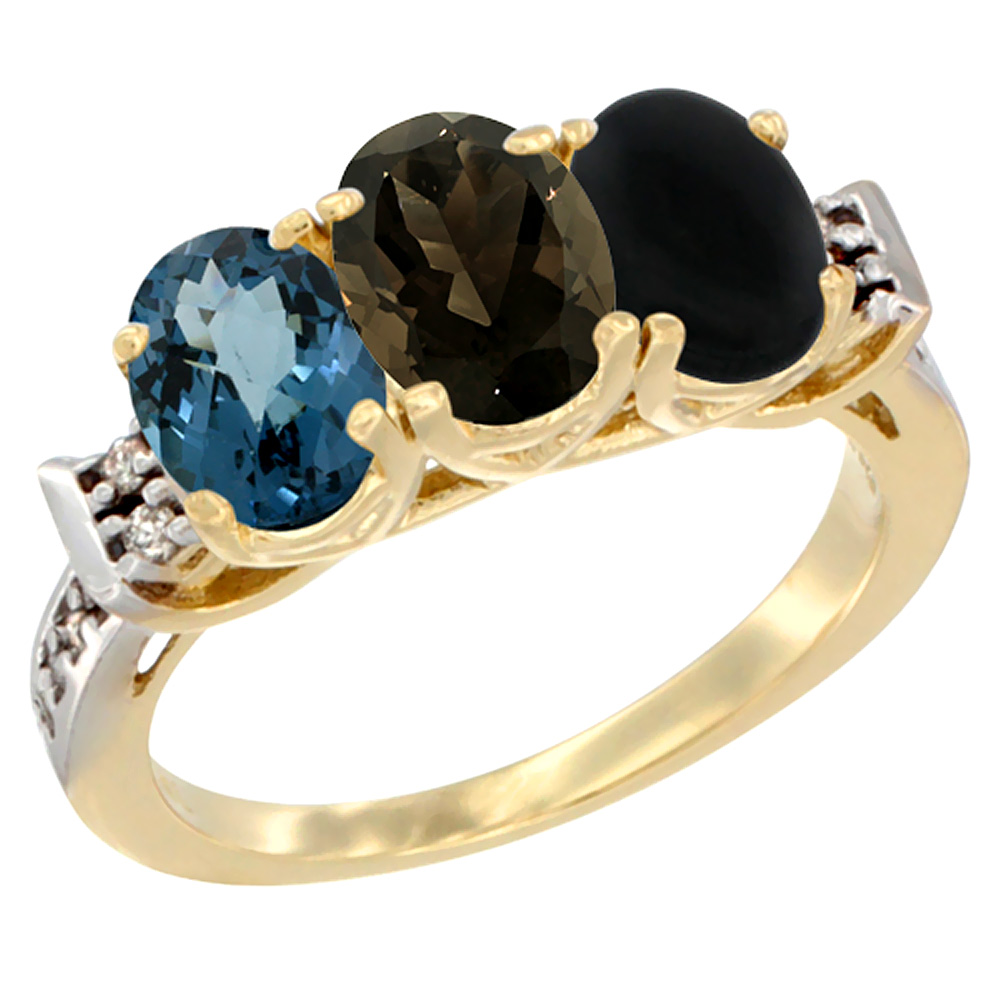 14K Yellow Gold Natural London Blue Topaz, Smoky Topaz & Black Onyx Ring 3-Stone 7x5 mm Oval Diamond Accent, sizes 5 - 10