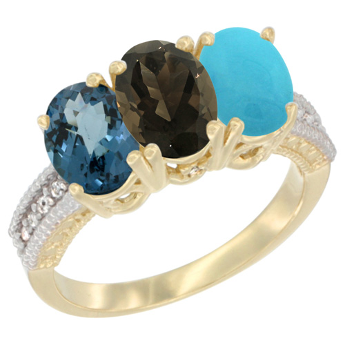 14K Yellow Gold Natural London Blue Topaz, Smoky Topaz & Turquoise Ring 3-Stone 7x5 mm Oval Diamond Accent, sizes 5 - 10