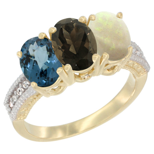 14K Yellow Gold Natural London Blue Topaz, Smoky Topaz & Opal Ring 3-Stone 7x5 mm Oval Diamond Accent, sizes 5 - 10