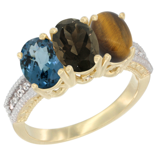14K Yellow Gold Natural London Blue Topaz, Smoky Topaz & Tiger Eye Ring 3-Stone 7x5 mm Oval Diamond Accent, sizes 5 - 10