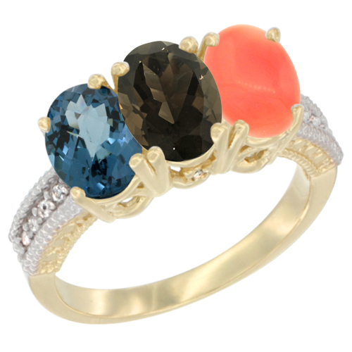 14K Yellow Gold Natural London Blue Topaz, Smoky Topaz & Coral Ring 3-Stone 7x5 mm Oval Diamond Accent, sizes 5 - 10