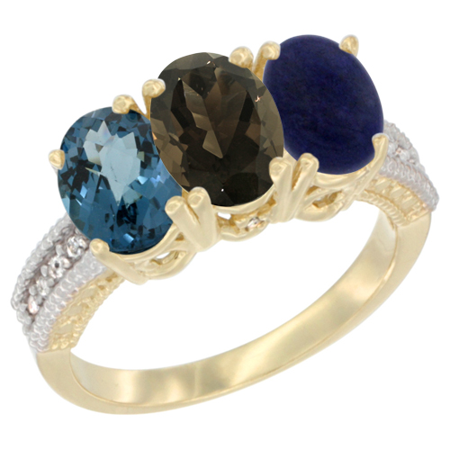 14K Yellow Gold Natural London Blue Topaz, Smoky Topaz & Lapis Ring 3-Stone 7x5 mm Oval Diamond Accent, sizes 5 - 10