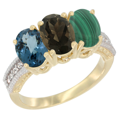 14K Yellow Gold Natural London Blue Topaz, Smoky Topaz & Malachite Ring 3-Stone 7x5 mm Oval Diamond Accent, sizes 5 - 10