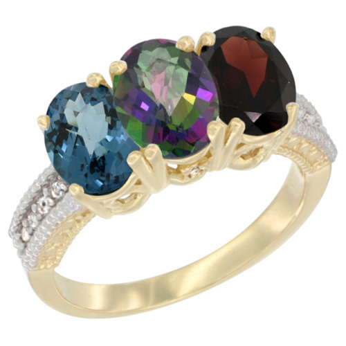 14K Yellow Gold Natural London Blue Topaz, Mystic Topaz & Garnet Ring 3-Stone 7x5 mm Oval Diamond Accent, sizes 5 - 10