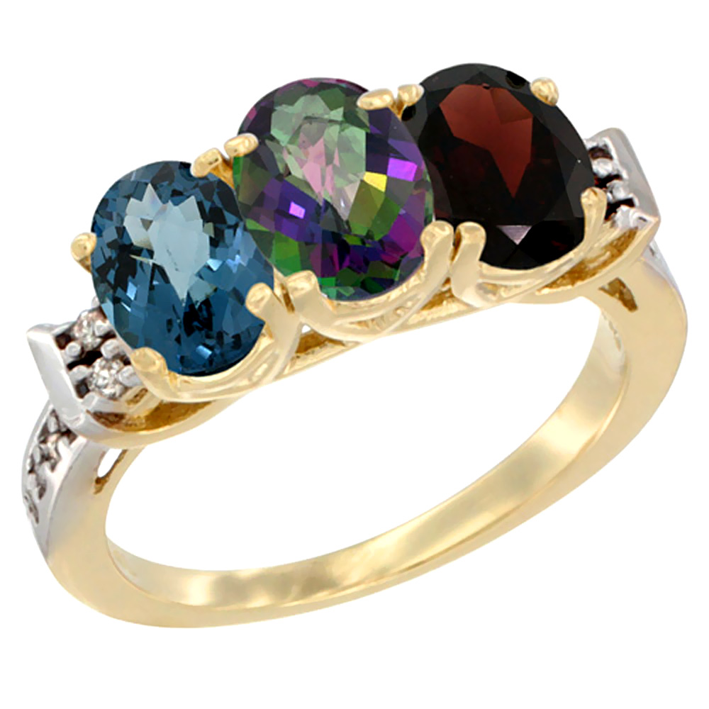 14K Yellow Gold Natural London Blue Topaz, Mystic Topaz & Garnet Ring 3-Stone 7x5 mm Oval Diamond Accent, sizes 5 - 10