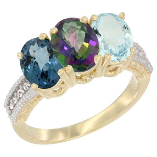 14K Yellow Gold Natural London Blue Topaz, Mystic Topaz & Aquamarine Ring 3-Stone 7x5 mm Oval Diamond Accent, sizes 5 - 10