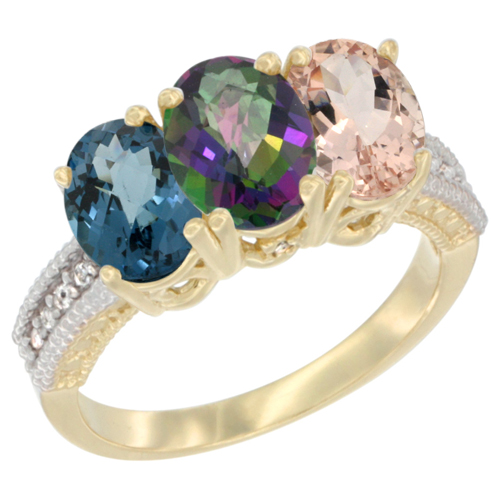 14K Yellow Gold Natural London Blue Topaz, Mystic Topaz & Morganite Ring 3-Stone 7x5 mm Oval Diamond Accent, sizes 5 - 10