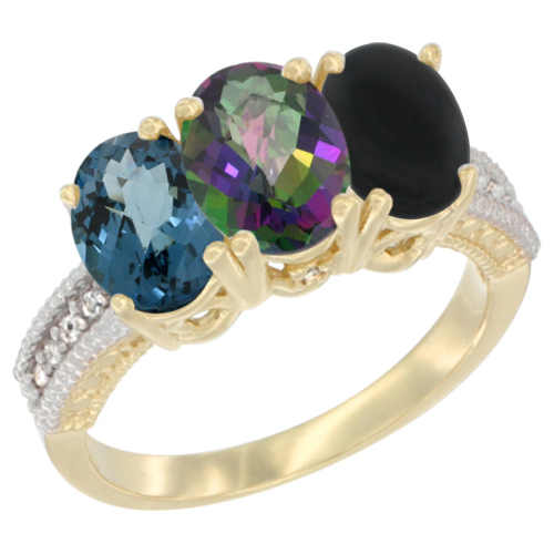 14K Yellow Gold Natural London Blue Topaz, Mystic Topaz & Black Onyx Ring 3-Stone 7x5 mm Oval Diamond Accent, sizes 5 - 10