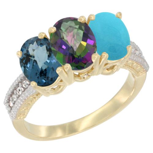 14K Yellow Gold Natural London Blue Topaz, Mystic Topaz & Turquoise Ring 3-Stone 7x5 mm Oval Diamond Accent, sizes 5 - 10
