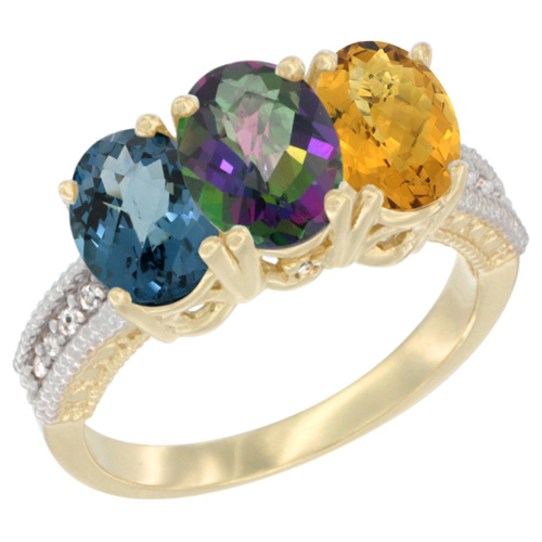 10K Yellow Gold Diamond Natural London Blue Topaz, Mystic Topaz & Whisky Quartz Ring 3-Stone Oval 7x5 mm, sizes 5 - 10