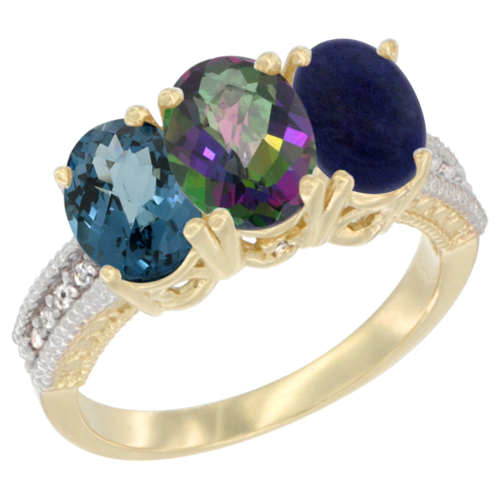 10K Yellow Gold Diamond Natural London Blue Topaz, Mystic Topaz & Lapis Ring 3-Stone Oval 7x5 mm, sizes 5 - 10