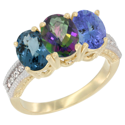10K Yellow Gold Diamond Natural London Blue Topaz, Mystic Topaz & Tanzanite Ring 3-Stone Oval 7x5 mm, sizes 5 - 10