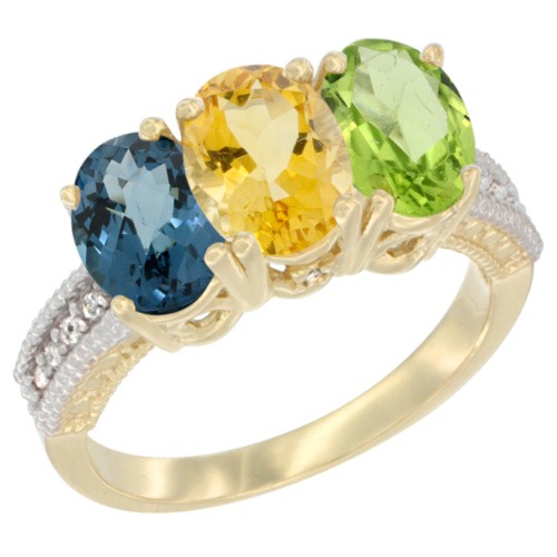 14K Yellow Gold Natural London Blue Topaz, Citrine & Peridot Ring 3-Stone 7x5 mm Oval Diamond Accent, sizes 5 - 10