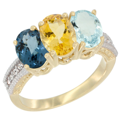 14K Yellow Gold Natural London Blue Topaz, Citrine & Aquamarine Ring 3-Stone 7x5 mm Oval Diamond Accent, sizes 5 - 10