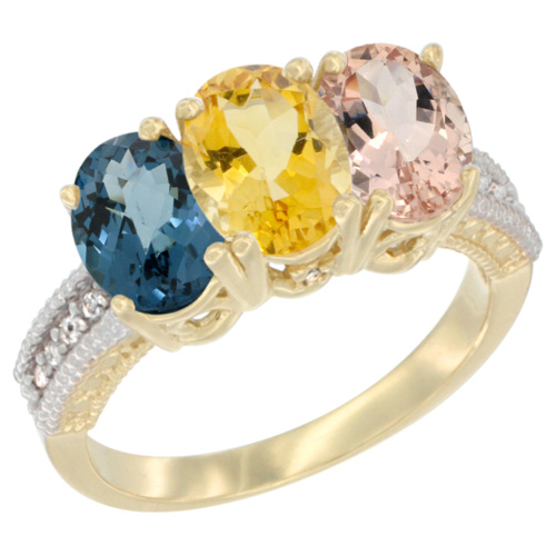 14K Yellow Gold Natural London Blue Topaz, Citrine & Morganite Ring 3-Stone 7x5 mm Oval Diamond Accent, sizes 5 - 10
