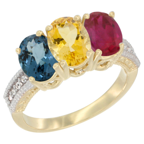 10K Yellow Gold Diamond Natural London Blue Topaz, Citrine & Ruby Ring 3-Stone Oval 7x5 mm, sizes 5 - 10