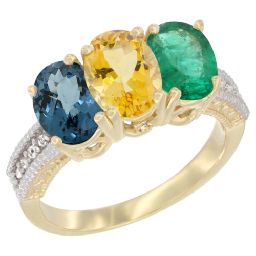 10K Yellow Gold Diamond Natural London Blue Topaz, Citrine & Emerald Ring 3-Stone Oval 7x5 mm, sizes 5 - 10