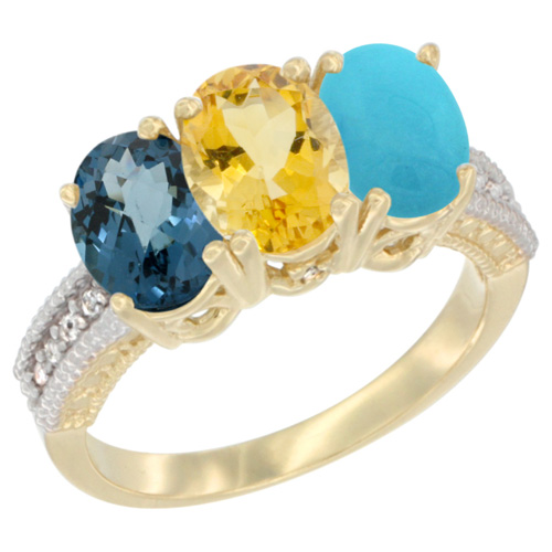 10K Yellow Gold Diamond Natural London Blue Topaz, Citrine & Turquoise Ring 3-Stone Oval 7x5 mm, sizes 5 - 10