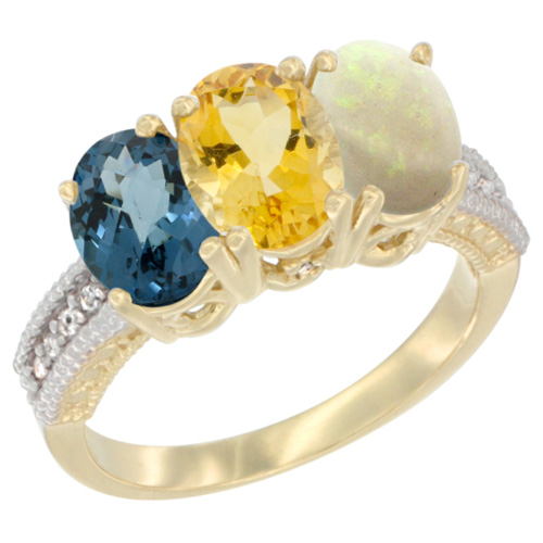 10K Yellow Gold Diamond Natural London Blue Topaz, Citrine & Opal Ring 3-Stone Oval 7x5 mm, sizes 5 - 10
