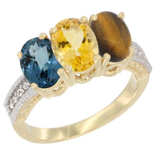 10K Yellow Gold Diamond Natural London Blue Topaz, Citrine & Tiger Eye Ring 3-Stone Oval 7x5 mm, sizes 5 - 10