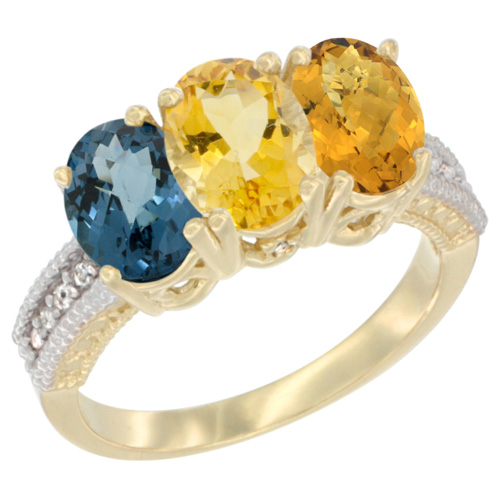 10K Yellow Gold Diamond Natural London Blue Topaz, Citrine & Whisky Quartz Ring 3-Stone Oval 7x5 mm, sizes 5 - 10