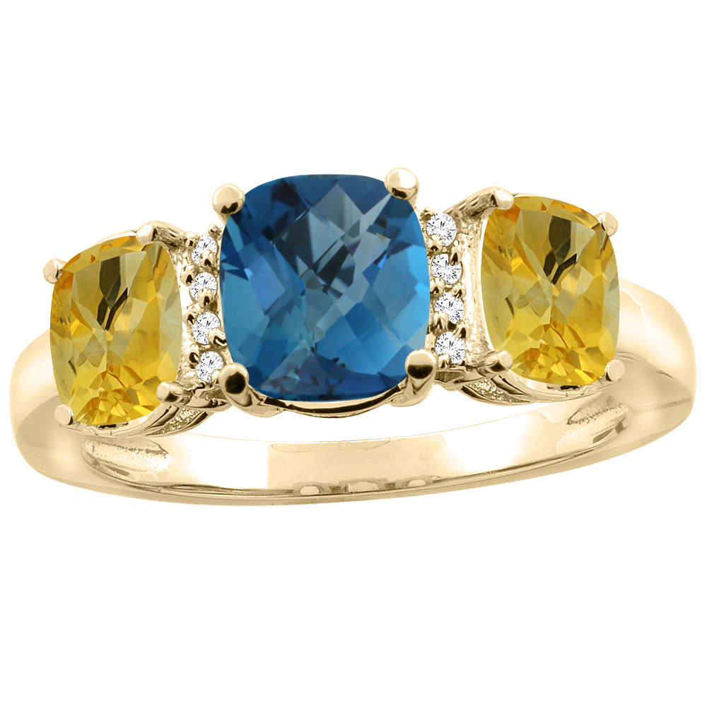 10K Yellow Gold Natural London Blue Topaz & Citrine 3-stone Ring Cushion 8x6mm Diamond Accent, sizes 5 - 10