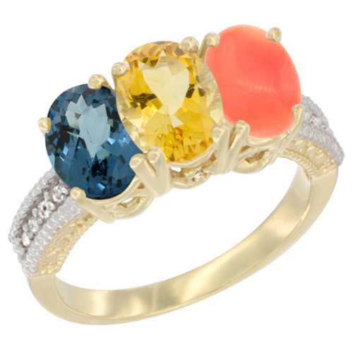 10K Yellow Gold Diamond Natural London Blue Topaz, Citrine & Coral Ring 3-Stone Oval 7x5 mm, sizes 5 - 10