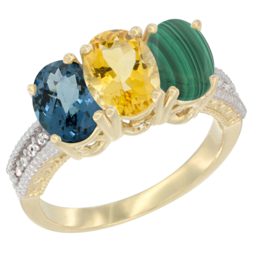 10K Yellow Gold Diamond Natural London Blue Topaz, Citrine & Malachite Ring 3-Stone Oval 7x5 mm, sizes 5 - 10