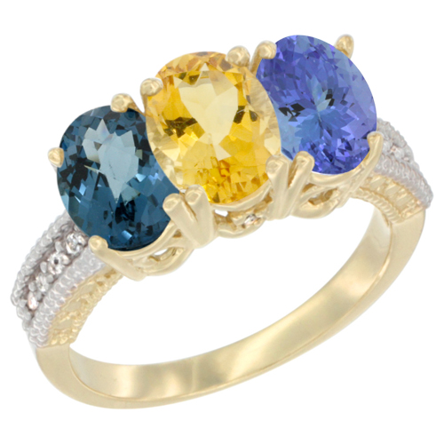 10K Yellow Gold Diamond Natural London Blue Topaz, Citrine & Tanzanite Ring 3-Stone Oval 7x5 mm, sizes 5 - 10