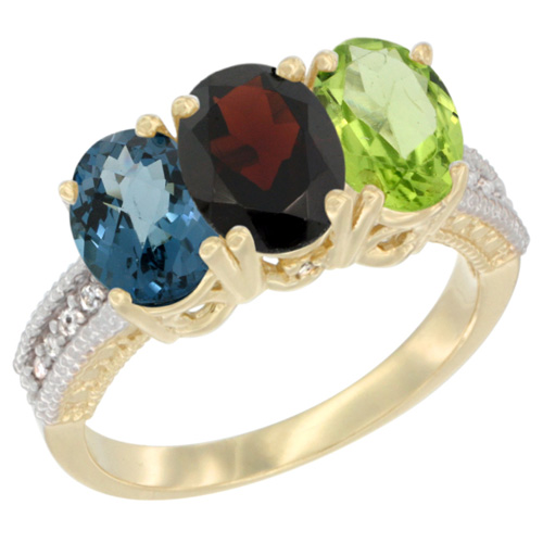 14K Yellow Gold Natural London Blue Topaz, Garnet & Peridot Ring 3-Stone 7x5 mm Oval Diamond Accent, sizes 5 - 10